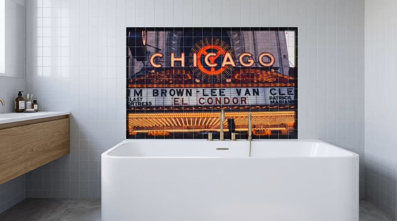 Chicago Theater neon marquee, Chicago, Illinois photography tile mural shown in a room setting