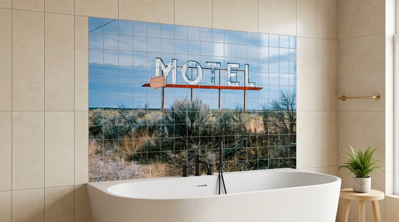 Motel sign, Grand Coulee, Washington (2003) photography in high resolution by John Margolies - Tile Mural - Image 2