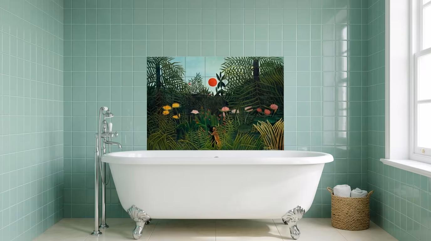 Henri Rousseau's Virgin Forest with Sunset (1910) famous painting - Tile Mural - Image 2