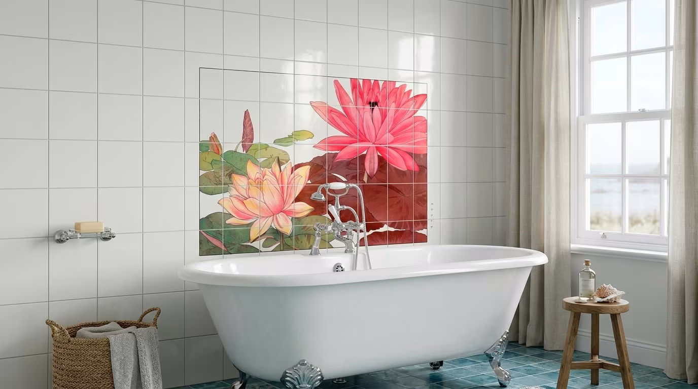 Nymphaea lotus, Japanese woodblock art tile mural shown in a room setting