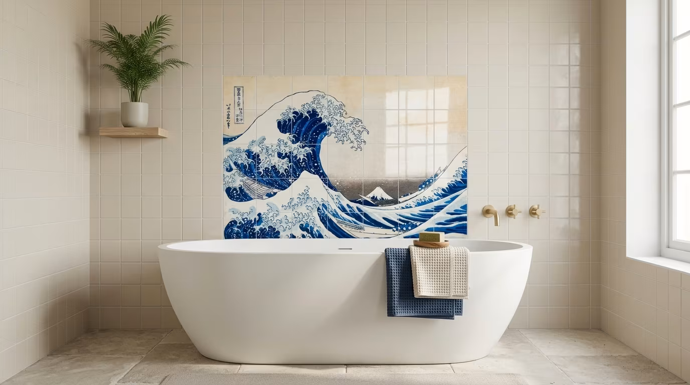 Hokusai's Under the Wave off Kanagawa vintage Japanese woodcut print tile mural shown in a room setting