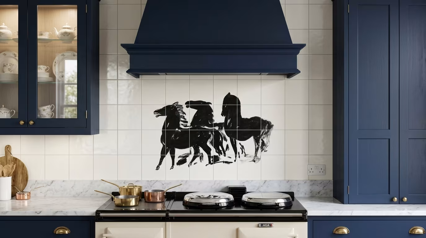 Drie zwarte paarden staand naar links kijkend tile mural shown in a room setting
